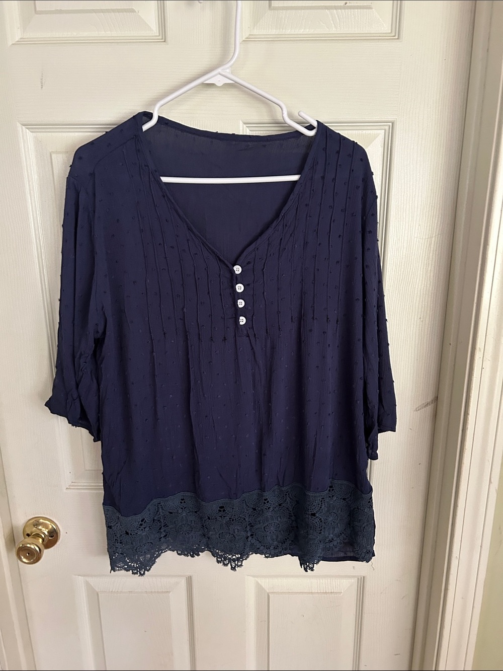 Navy Blue Crochet-Hem Buttoned V-Neck Blouse